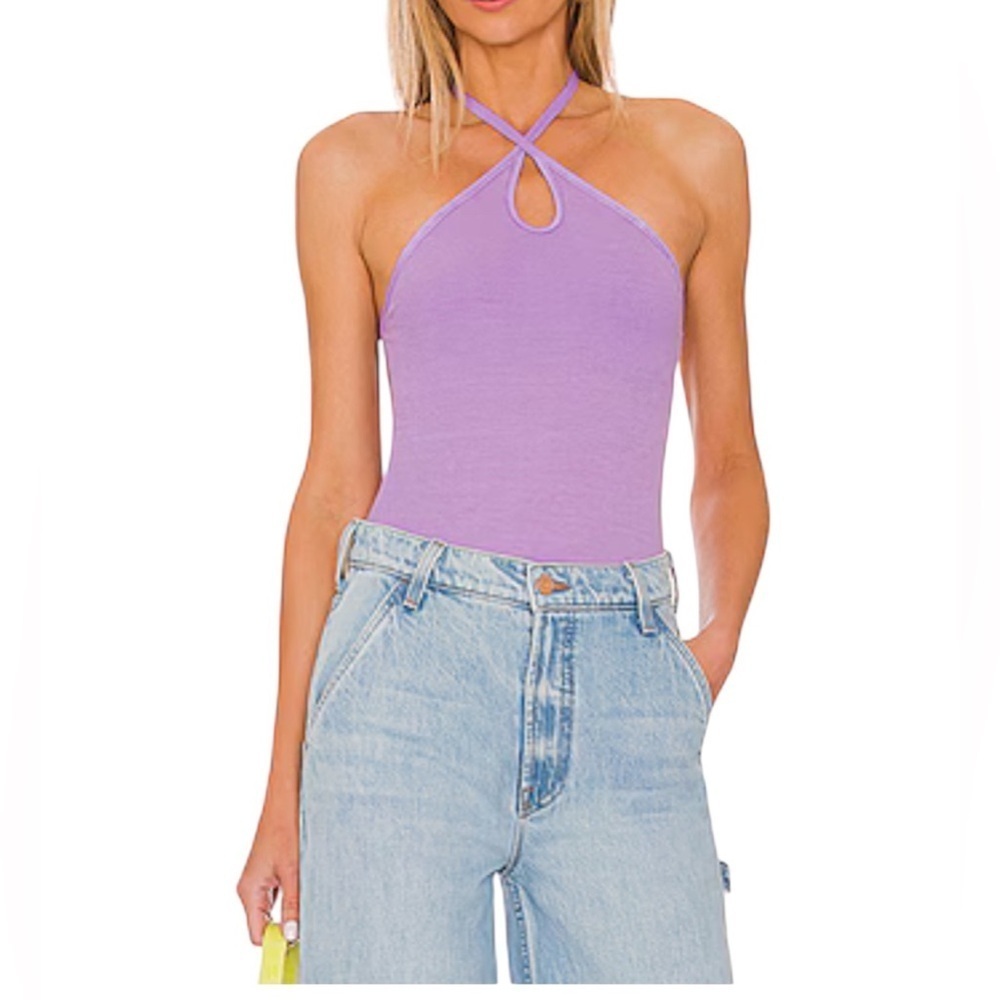 Enza Costa Ribbed Purple Silk Blend Halter Bodysuit S